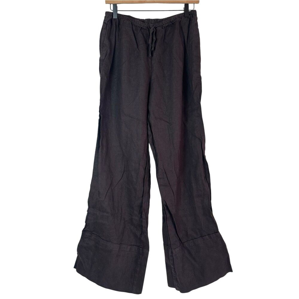 Linen Wide Leg Pants Women's Medium Summer Casual Elastic Waist Brown Chocolate